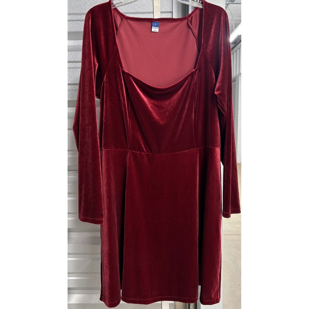 Old Navy Velvet Fit and Flare Dress Burgundy Red Square Neck Long Sleeve XL